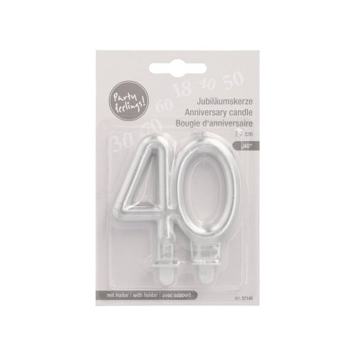 PAPSTAR GmbH bougie d'anniversaire avec support 7 cm "argent" avec le chiffre argenté 40, idéale pour les anniversaires ou les jubilés, emballée dans un présentoir en plastique et carton avec texte en allemand, anglais et français.