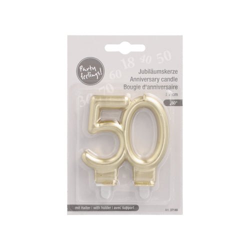 Les PAPSTAR bougies d'anniversaire avec support 7 cm "or" de PAPSTAR GmbH sont des bougies d'anniversaire dorées en forme de chiffre 50, emballées avec un support en plastique transparent avec texte multilingue pour une utilisation facile.