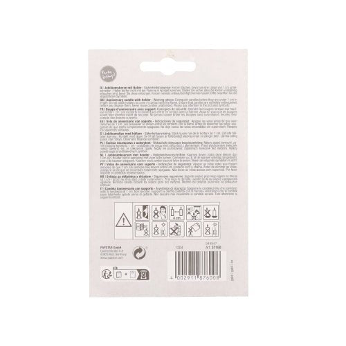 L'emballage des bougies d'anniversaire PAPSTAR avec support 7 cm "or" présente des instructions et avertissements multilingues, un code-barres en bas, des symboles de sécurité et de recyclage, ainsi qu'un trou de suspension perforé en haut. Marque : PAPSTAR GmbH.