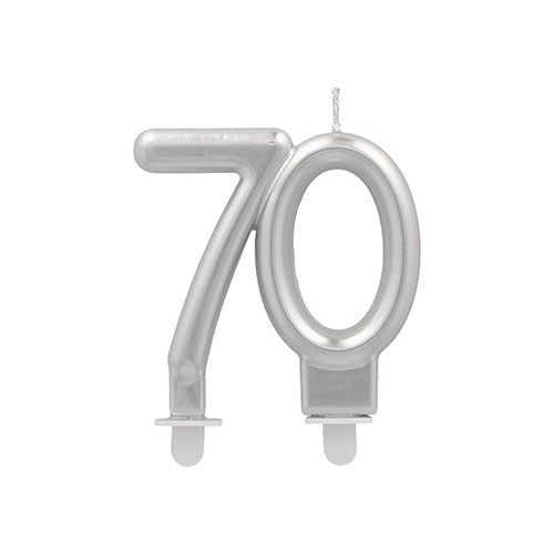 Les PAPSTAR bougies d'anniversaire avec support 7 cm "argent" de PAPSTAR GmbH sont des bougies d'anniversaire métalliques argentées en forme du chiffre 70, avec deux petits socles blancs - parfaites pour des célébrations élégantes nécessitant des bougies argentées avec support.