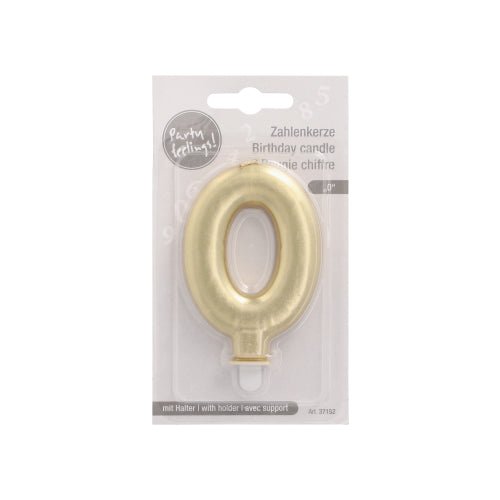 La PAPSTAR GmbH bougie chiffre avec support 7 cm "or" est livrée dans un emballage en plastique avec un fond blanc, un texte multilingue et un support fourni - idéale comme décoration de gâteau ou bougie d'anniversaire.