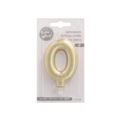 La PAPSTAR GmbH bougie chiffre avec support 7 cm "or" est livrée dans un emballage en plastique avec un fond blanc, un texte multilingue et un support fourni - idéale comme décoration de gâteau ou bougie d'anniversaire.