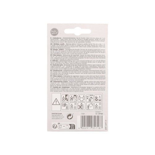 Le dos d'une bougie chiffre avec support 7 cm "or" de PAPSTAR GmbH affiche des avertissements en plusieurs langues, des symboles de sécurité et de recyclage, un code-barres et des informations sur le fabricant - idéale pour les bougies d'anniversaire ou les décorations de gâteaux.