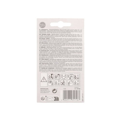 Le dos d'une bougie chiffre avec support 7 cm "or" de PAPSTAR GmbH affiche des avertissements en plusieurs langues, des symboles de sécurité et de recyclage, un code-barres et des informations sur le fabricant - idéale pour les bougies d'anniversaire ou les décorations de gâteaux.