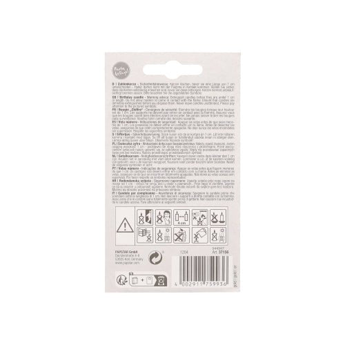 Vue arrière de la bougie chiffre avec support 7 cm "or" de PAPSTAR de PAPSTAR GmbH pour la décoration de gâteaux, montre un texte multilingue, des symboles d'avertissement, un code-barres (en bas à droite), un trou de suspension (en haut au milieu), ainsi que des instructions et des avertissements pour cette bougie d'anniversaire.