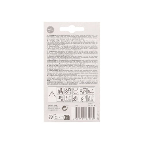 Au dos d'une bougie chiffre avec support 7 cm "or" de PAPSTAR de PAPSTAR GmbH se trouvent des avertissements de sécurité, des instructions multilingues, des symboles d'avertissement, un code-barres et des informations de recyclage en lettres noires sur fond blanc.