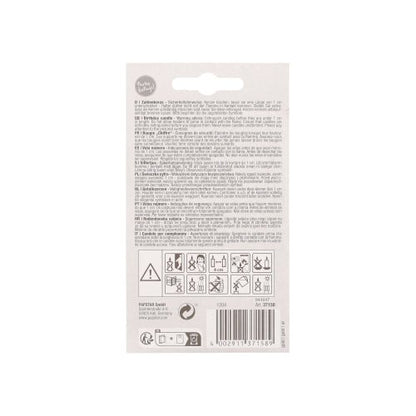 Au dos d'une bougie chiffre avec support 7 cm "or" de PAPSTAR de PAPSTAR GmbH se trouvent des avertissements de sécurité, des instructions multilingues, des symboles d'avertissement, un code-barres et des informations de recyclage en lettres noires sur fond blanc.