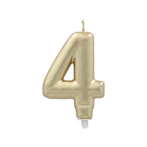 La PAPSTAR GmbH bougie chiffre avec support 7 cm "or" est une bougie chiffre en métal doré (4) avec une mèche blanche et une base en plastique, représentée sur un fond blanc simple.