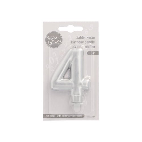 La bougie chiffrée PAPSTAR GmbH avec support 7 cm "argent" est emballée dans un emballage en plastique transparent avec un fond blanc, affichant des textes en allemand, français et anglais.