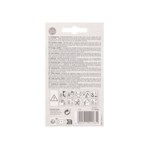 Au dos d'un emballage "Or" de bougie numérique avec support 7 cm PAPSTAR, il y a des textes dans différentes langues, des symboles de sécurité, un logo de recyclage, un code-barres et des informations sur le fabricant en petits caractères de PAPSTAR GmbH.