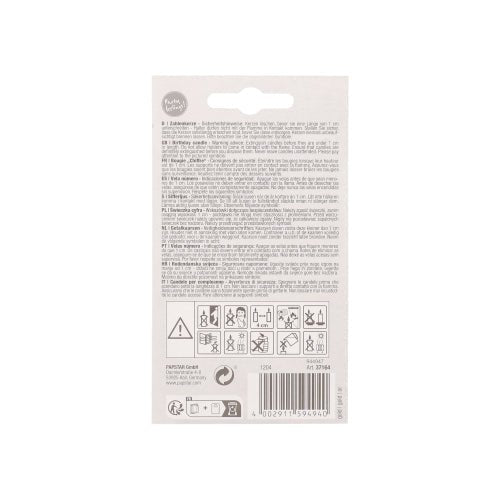 Le dos d'une bougie numérique PAPSTAR avec support 7 cm "or" de PAPSTAR GmbH montre sur fond blanc des instructions et avertissements en plusieurs langues, des symboles d'utilisation et des informations de recyclage.