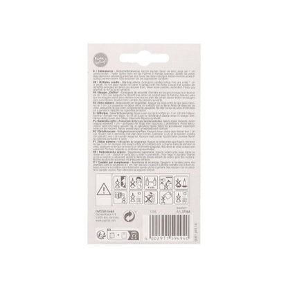 Le dos d'une bougie numérique PAPSTAR avec support 7 cm "or" de PAPSTAR GmbH montre sur fond blanc des instructions et avertissements en plusieurs langues, des symboles d'utilisation et des informations de recyclage.