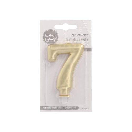 La bougie numérique PAPSTAR GmbH avec support 7 cm "or" est une bougie numérique dorée dans un emballage transparent en plastique et carton, étiquetée en allemand et en anglais avec un support blanc - idéale comme décoration de gâteau.