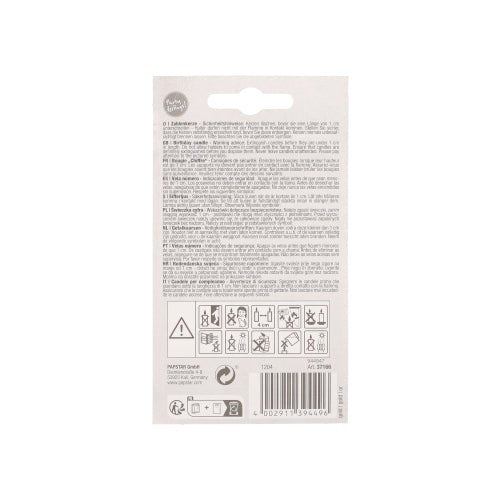 Le dos d'un emballage "Or" de bougie numérique avec support 7 cm PAPSTAR de PAPSTAR GmbH avec des instructions multilingues, des symboles d'avertissement, des informations de recyclage, un code-barres et des logos de marques. L'emballage blanc, noir et gris s'adapte à toute décoration de gâteau d'anniversaire.