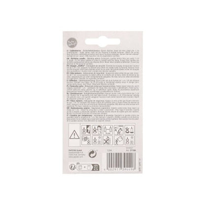 Le dos d'un emballage "Or" de bougie numérique avec support 7 cm PAPSTAR de PAPSTAR GmbH avec des instructions multilingues, des symboles d'avertissement, des informations de recyclage, un code-barres et des logos de marques. L'emballage blanc, noir et gris s'adapte à toute décoration de gâteau d'anniversaire.