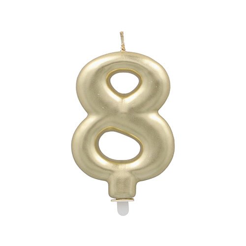 La bougie numérique PAPSTAR GmbH avec support 7 cm "or" est une bougie numérique dorée avec une petite base blanche, idéale comme décoration de gâteau ou bougie d'anniversaire.