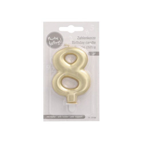 La bougie numérique PAPSTAR GmbH avec support 7 cm "or" vient dans un emballage en plastique avec une étiquette multilingue et une languette de suspension - idéale comme bougie de gâteau élégante pour toute célébration.
