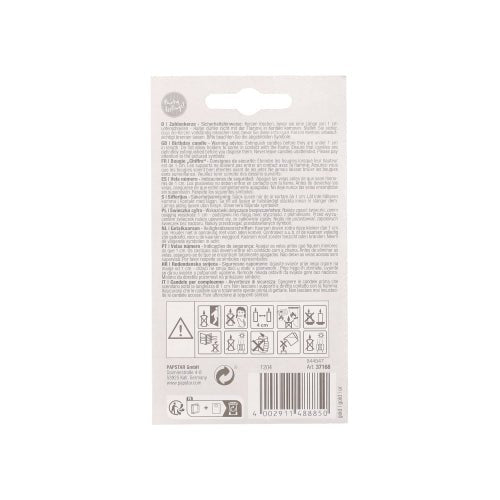 Au dos de la bougie numérique PAPSTAR avec support 7 cm "or", il y a des textes multilingues, des icônes pour avertissements et conseils, des symboles de recyclage et de code-barres ainsi que des informations sur PAPSTAR GmbH. Idéale comme bougie d'anniversaire ou bougie de gâteau pour les fêtes.
