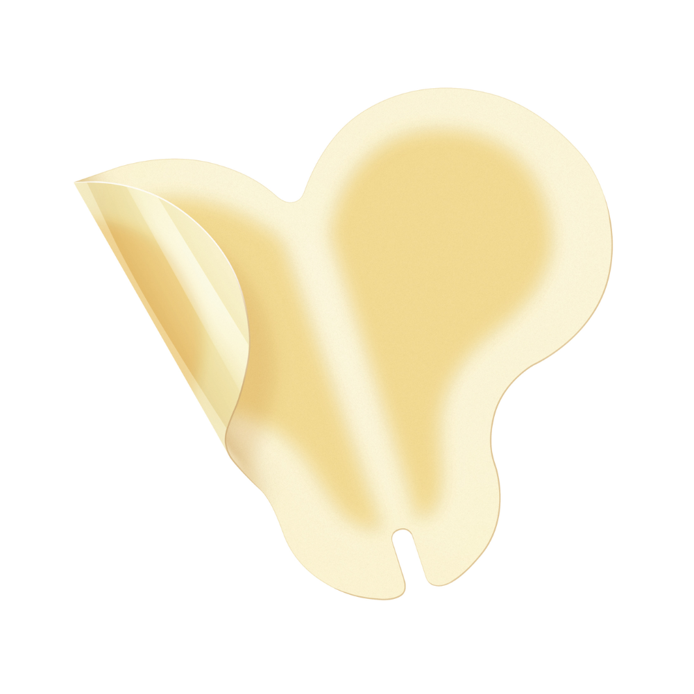 Sur un fond blanc, un pansement Hartmann Hydrocoll Classic Sacral individuel (12 x 18 cm, beige, en forme de papillon) de la société Paul Hartmann AG est partiellement retiré du support pour le traitement humide des plaies. Le paquet contient 5 pièces.