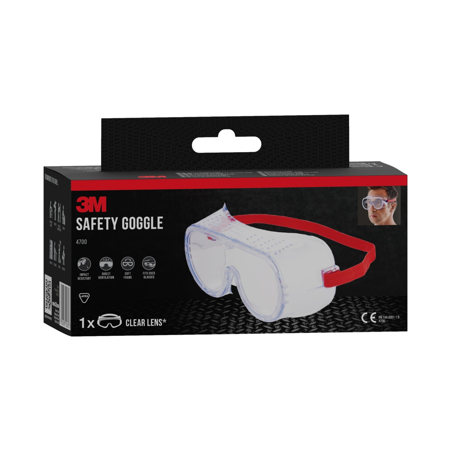 Eine schwarz-rote Schachtel der 3M™ Classic Schutzbrille 4700 von 3M Deutschland GmbH zeigt eine Klarsichtbrille mit rotem Band und einem kleinen Bild, das die direkt belüftete Klarsichtscheibe im Einsatz zeigt.