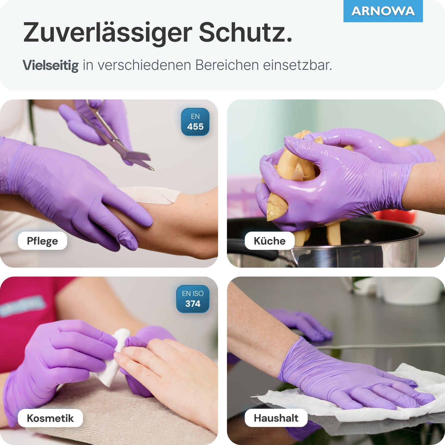 Quatre images montrent des mains portant des gants jetables ARNOMED NITRIL LAVENDER VIOLET en nitrile violet de ARNOWA GmbH : appliquer des bandages (soins), presser un citron (cuisine), manucure (cosmétique) et essuyer une surface (ménage). Texte allemand présent.