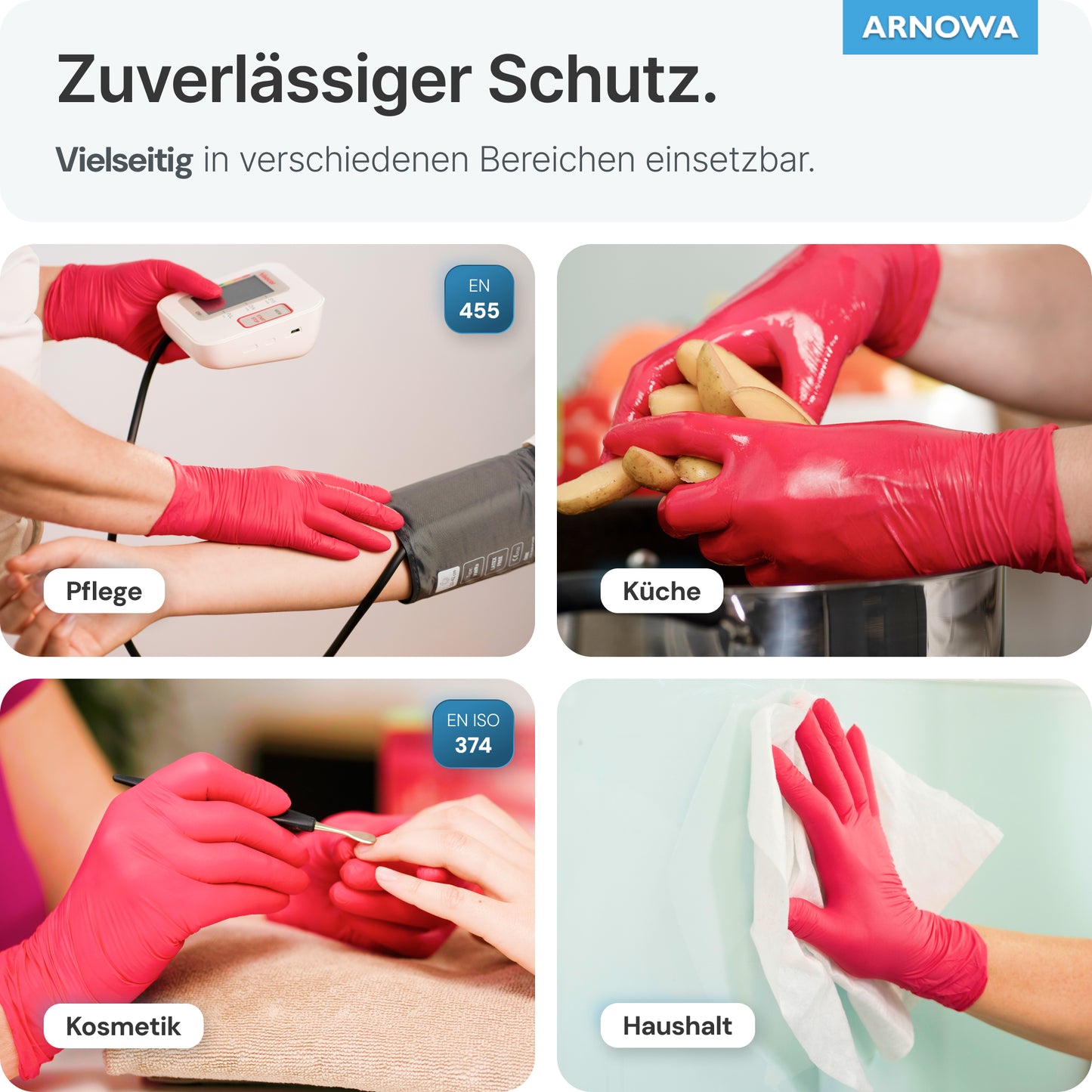 Quatre images montrent des mains portant des gants jetables ARNOMED NITRIL LAVA RED en nitrile rouge de la société ARNOWA GmbH utilisés pour mesurer la pression artérielle, laver des pommes de terre, faire une manucure et nettoyer des verres - gants jetables rouges en nitrile polyvalents.