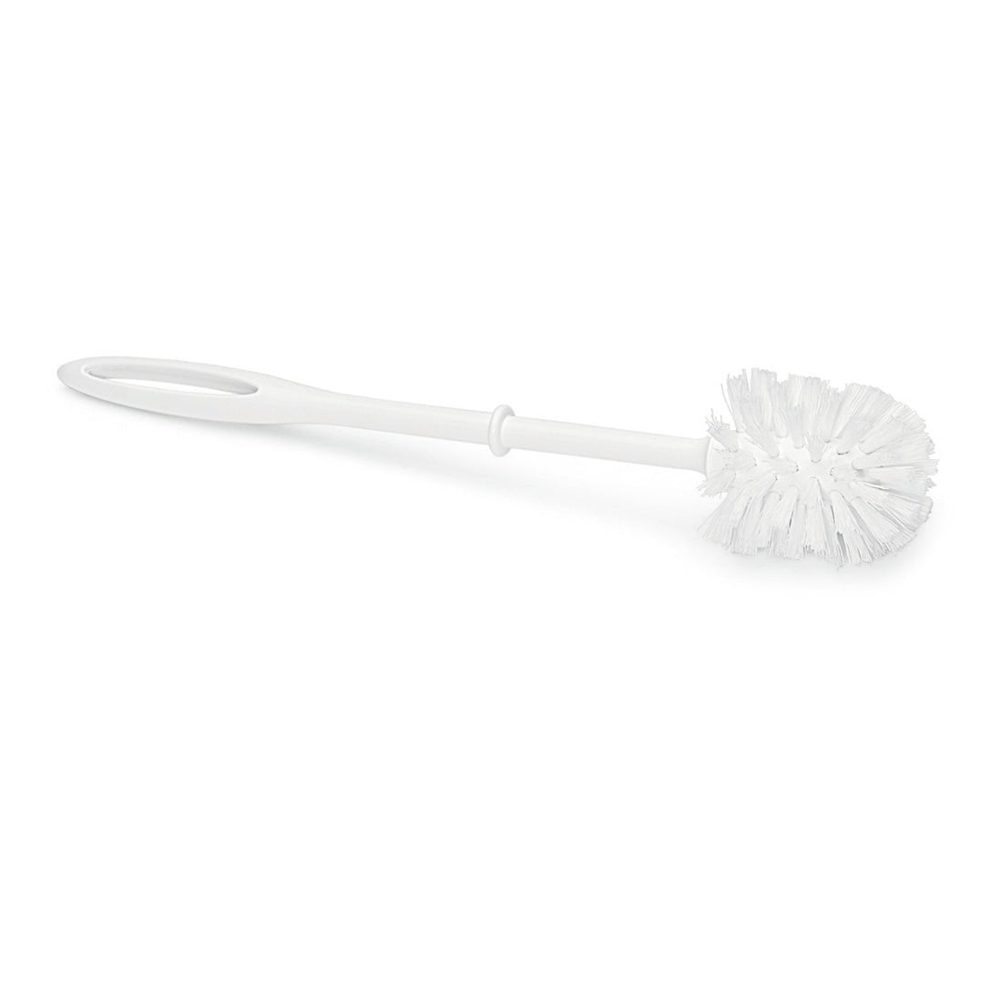 La brosse WC Nölle Profi Brush de Nölle Profi Brush Bürsten- & Pinseltechnik e.K. a une petite tête ronde de 65 mm de diamètre, mesure 38 cm de long et a un design en plastique blanc avec un trou ovale à l'extrémité du manche.