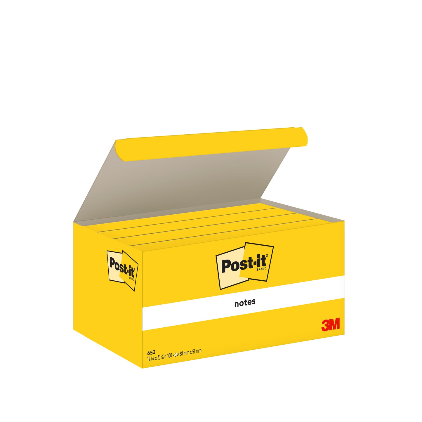 Eine gelbe Schachtel mit Post-it® Notes, Gelb, 38 mm x 51 mm, 100 Blatt/Block, 12 Blöcke/Packung von 3M Deutschland GmbH. Die Kartonverpackung ist zu 100 % PEFC-zertifiziert - perfekt für organisierte Arbeitsbereiche.