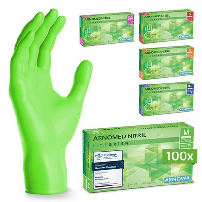 Un gant jetable ARNOMED NITRIL LIME GREEN vert citron de ARNOWA GmbH est debout, entouré de cinq boîtes de 100 gants sans latex de différentes tailles.