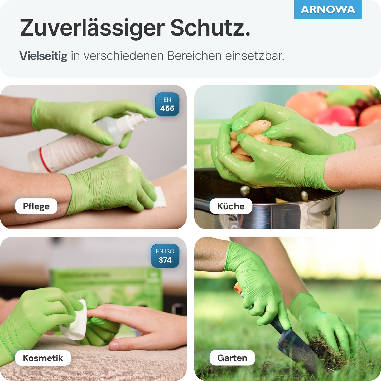 Un collage montre des mains portant des gants jetables ARNOMED NITRIL LIME GREEN en nitrile vert citron de ARNOWA GmbH - lors de la pulvérisation d'une bombe, du lavage d'une pomme de terre, de la tenue d'un coton et de l'utilisation d'un sécateur. Les gants sans latex offrent une protection polyvalente.