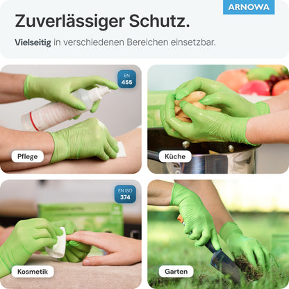 Un collage montre des mains portant des gants jetables ARNOMED NITRIL LIME GREEN en nitrile vert citron de ARNOWA GmbH - lors de la pulvérisation d'une bombe, du lavage d'une pomme de terre, de la tenue d'un coton et de l'utilisation d'un sécateur. Les gants sans latex offrent une protection polyvalente.