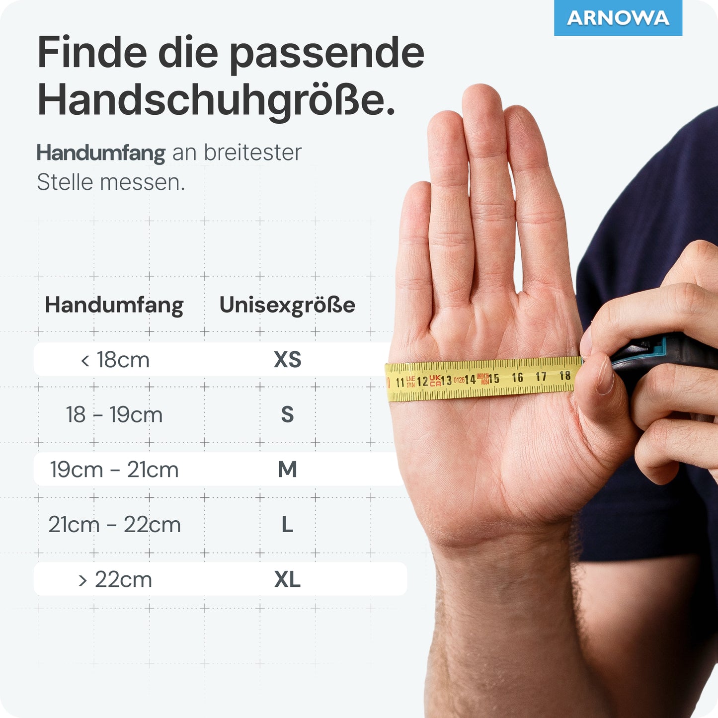 La main est mesurée au point le plus large avec un ruban à mesurer vert citron. À gauche, un tableau montre les tailles des gants jetables ARNOMED NITRIL LIME GREEN de ARNOWA GmbH (XS-XL) basées sur la circonférence de la main en centimètres.