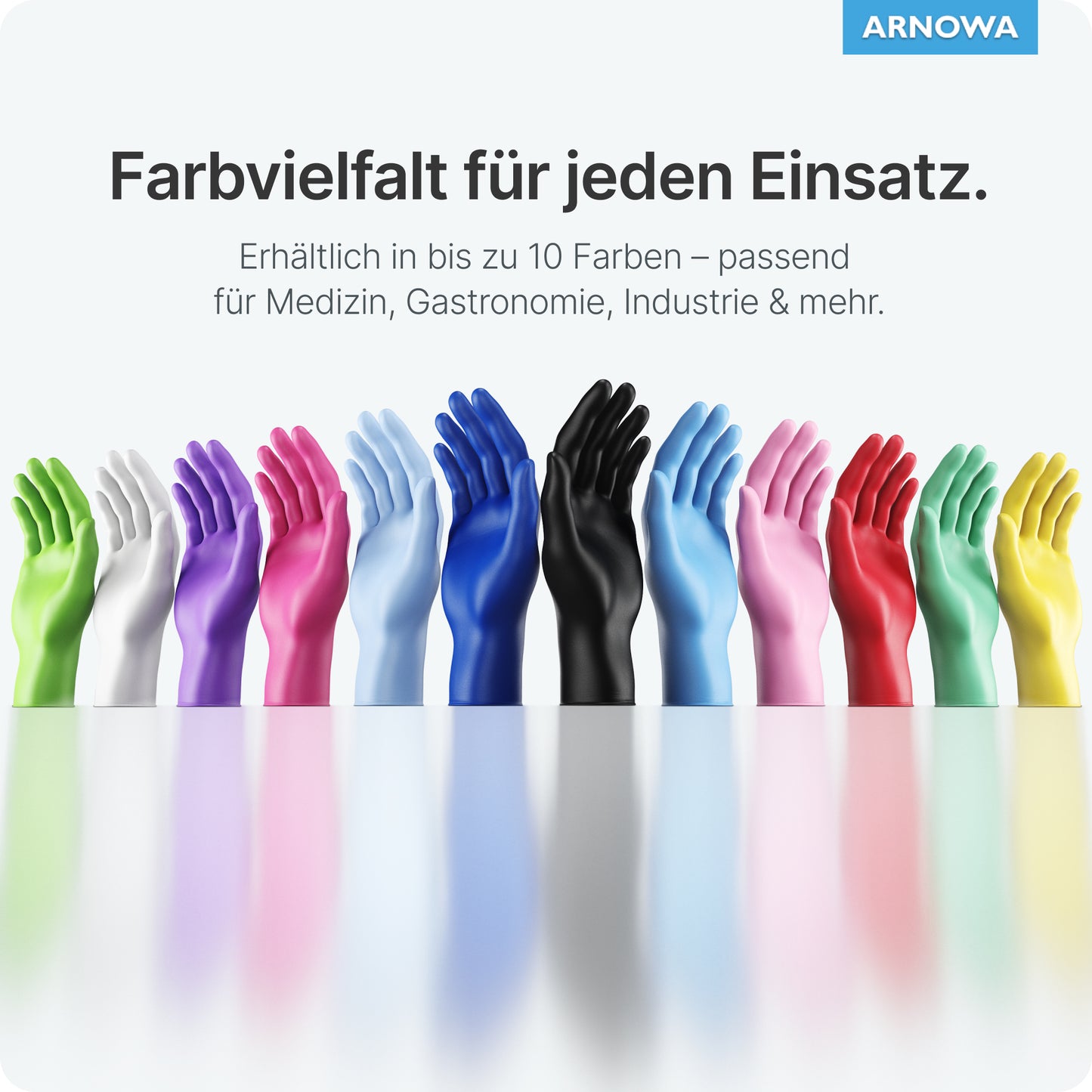 Quatorze gants jetables ARNOMED NITRIL LIME GREEN en nitrile vert citron de ARNOWA GmbH sont dressés sur une surface réfléchissante de différentes couleurs; au-dessus des gants se trouvent un texte allemand et le logo bleu ARNOWA.