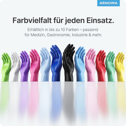 Quatorze gants jetables ARNOMED NITRIL LIME GREEN en nitrile vert citron de ARNOWA GmbH sont dressés sur une surface réfléchissante de différentes couleurs; au-dessus des gants se trouvent un texte allemand et le logo bleu ARNOWA.