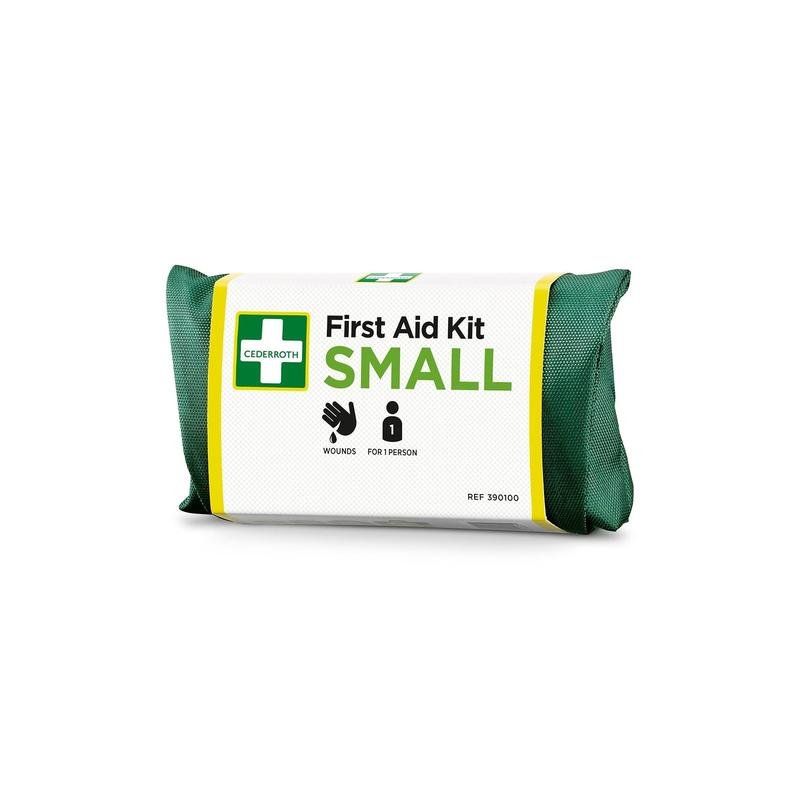 Le kit de premiers secours Orkla Wound Care AB SMALL | Emballage (1 pièce) est un kit de premiers secours compact vert-blanc pour les plaies et l'usage individuel, avec des symboles de main et de personne sur l'emballage.