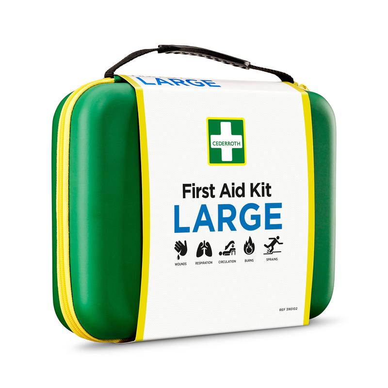 La trousse de premiers secours GROSS d'Orkla Wound Care AB est une trousse de secours vert-jaune avec poignée et face avant blanche, marquée de symboles pour les blessures, les brûlures, les entorses et plus - parfaite pour les urgences. Emballage : 1 pièce.