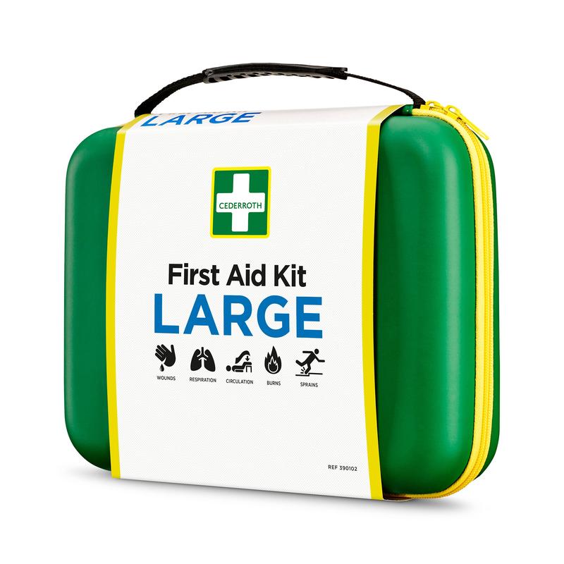 Ein grün-gelber Hartschalen Orkla Wound Care AB Erste-Hilfe-Kasten GROSS (1 Stück) mit schwarzem Griff und gelbem Reißverschluss, beschriftet mit "First Aid Kit LARGE", konzipiert für Notfälle wie Wunden, Verbrennungen, Verstauchungen, Kreislauf und Atmung.