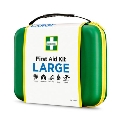 Une trousse de premiers secours GROSS (1 pièce) d'Orkla Wound Care AB à coque rigide vert-jaune avec poignée noire et fermeture éclair jaune, étiquetée "First Aid Kit LARGE", conçue pour les urgences telles que les blessures, les brûlures, les entorses, la circulation et la respiration.