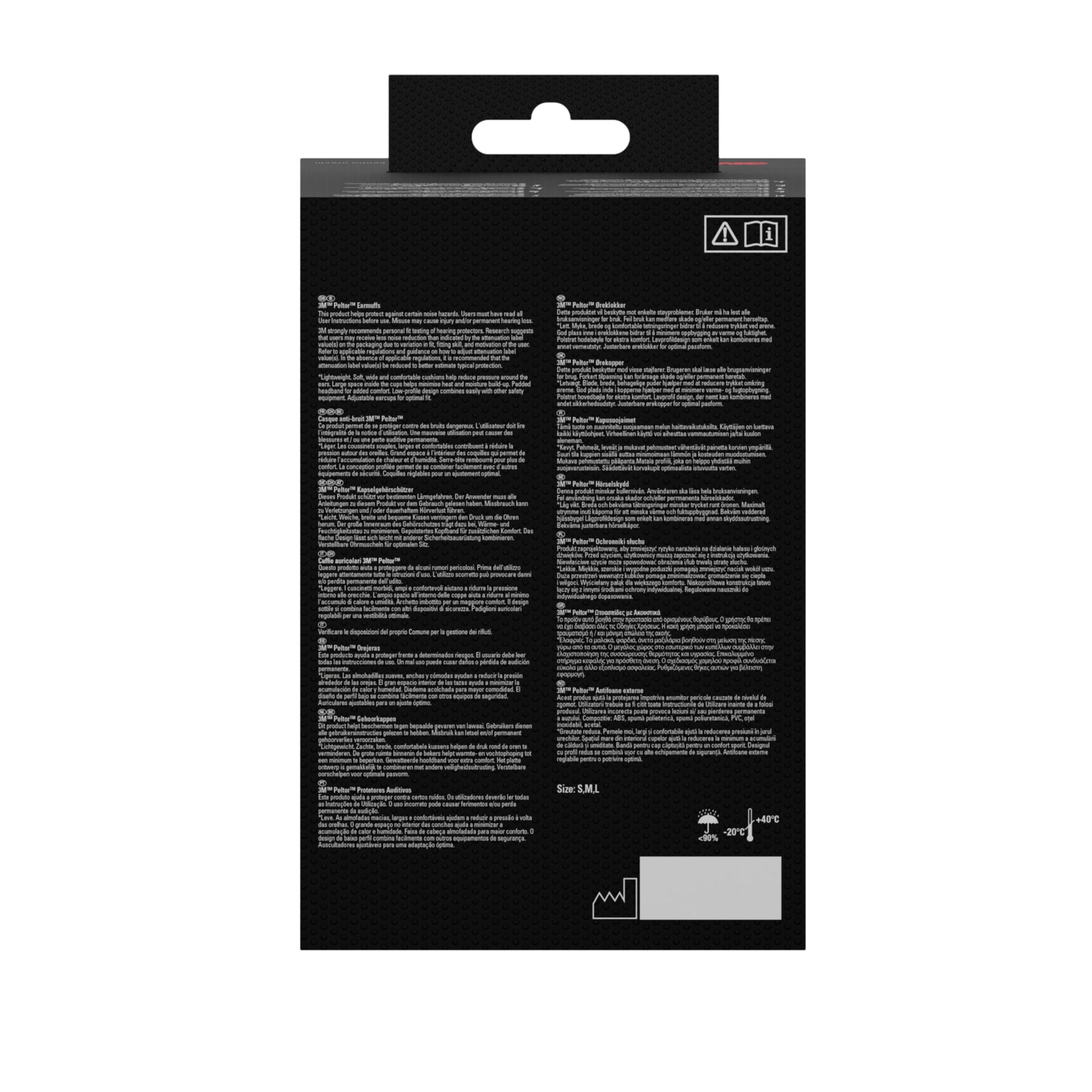 Rückansicht der rechteckigen schwarzen Verpackung für 3M™ PELTOR™ Optime™ I Kapselgehörschutz H510A, SNR 27 dB, Gelb (1 Stück) von 3M Deutschland GmbH, mit weißem mehrsprachigem Text, Sicherheitssymbolen und einer Aufhängelasche.