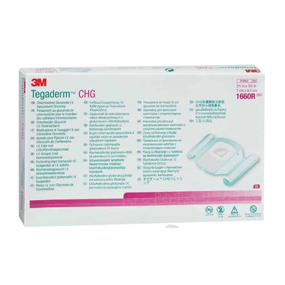 Une boîte rectangulaire de 3M Tegaderm CHG Pansement de fixation I.V. au gluconate de chlorhexidine (7 x 8,5 cm) de Solventum Germany GmbH contient des instructions et des spécifications en plusieurs langues sur un emballage principalement blanc avec des accents bleus/rouges pour la prévention des infections liées aux cathéters.