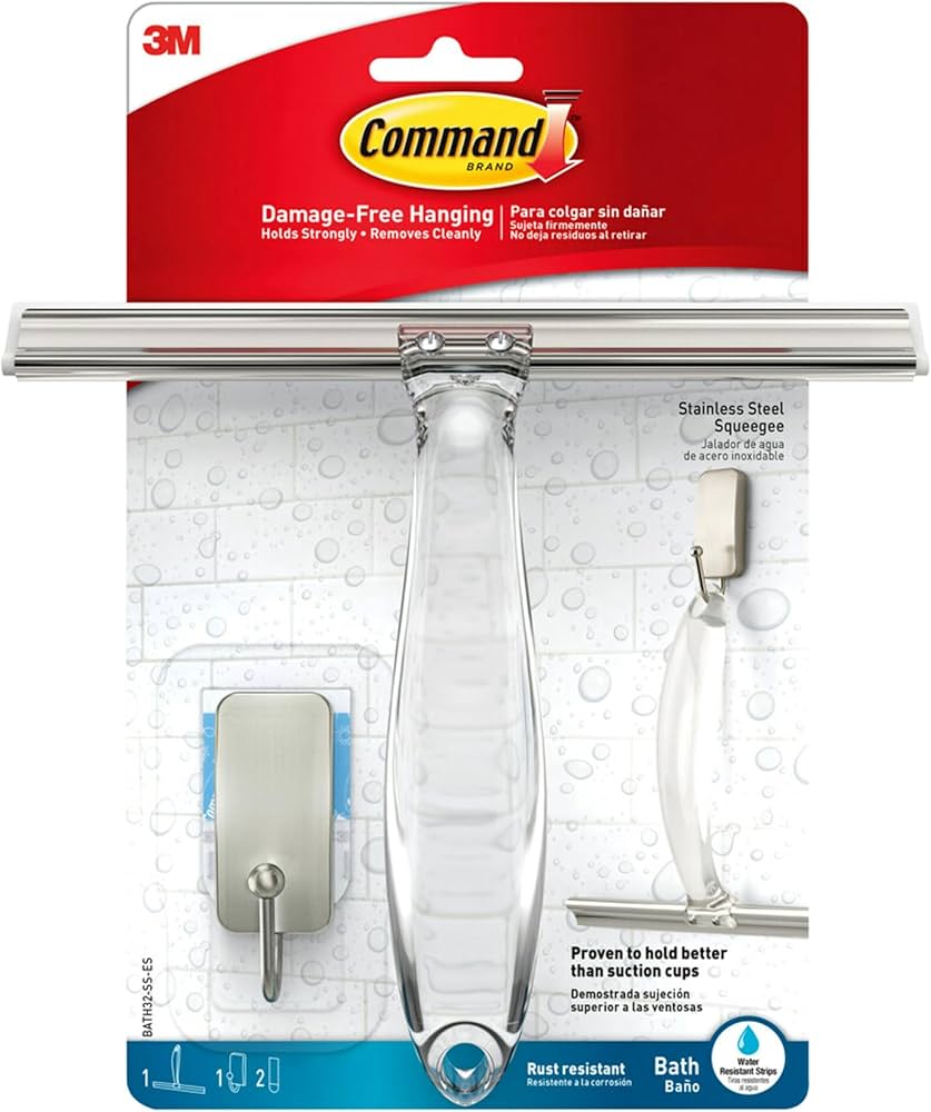 Raclette de bain et de douche Command™, acier inoxydable et nickel satiné BATH32, 1 raclette + 1HK + 2 bandes S | Paquet (1 jeu)