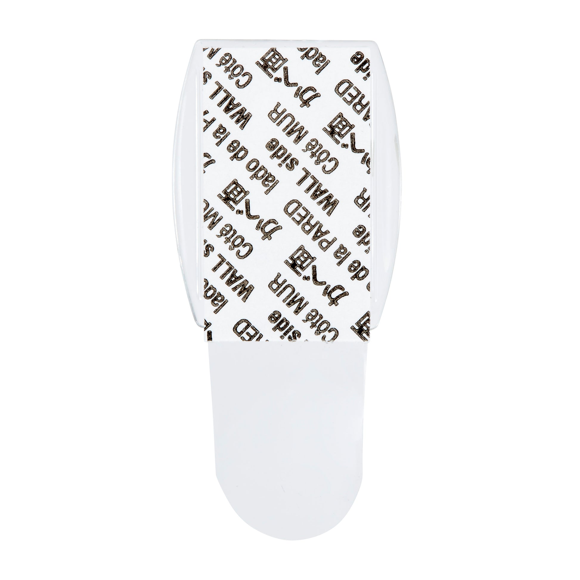 Ein transparenter Command™ Mini-Haken von 3M Deutschland GmbH, mit einem klaren Klebestreifen, von oben gesehen. Der Streifen ist mit schwarzem Text und Mustern versehen. Die Packung enthält 1 Stück (17006CLRFGN).