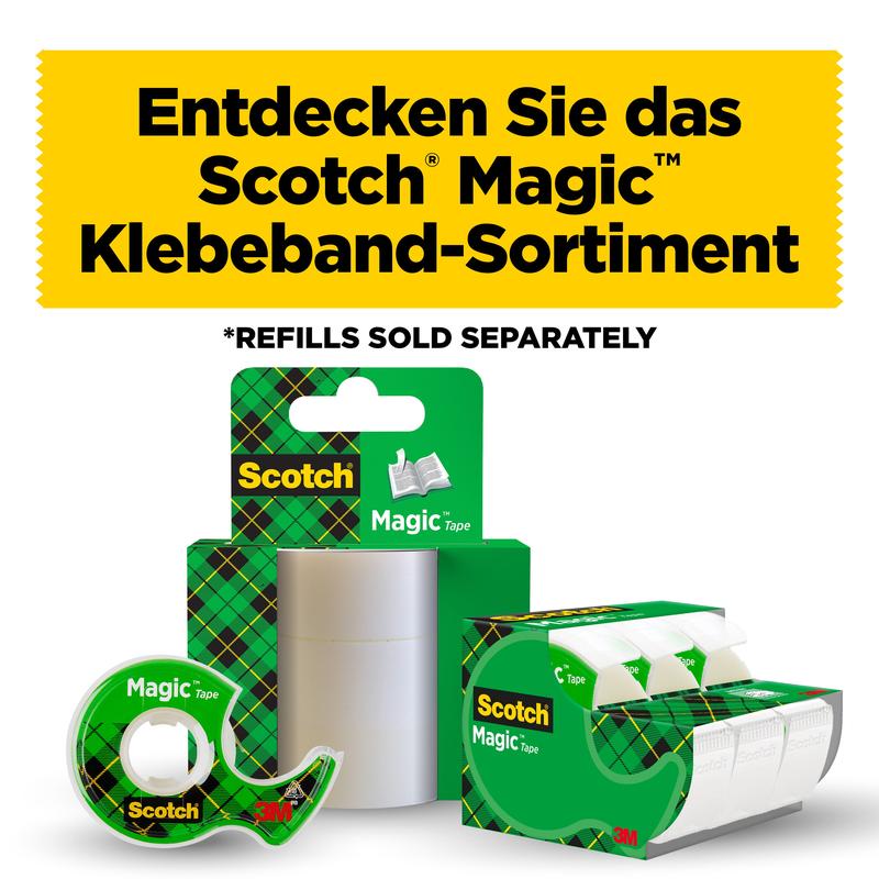 Une annonce allemande de 3M Deutschland GmbH présente le ruban adhésif invisible Scotch® Magic™, recharge 2 rouleaux (19 mm x 7,5 m). Le texte dit : "Découvrez la gamme de rubans adhésifs Scotch Magic", avec une mention des recharges disponibles.