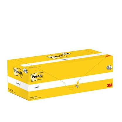 Une boîte rectangulaire jaune de Post-it® Notes (3M Deutschland GmbH), 76x127mm, 100 feuilles/bloc, 18 blocs + 6 gratuits par paquet, dans un carton. Idéales pour organiser des notes jaunes - 100% certifié PEFC (SGSCH-PEFC-COC-110078).