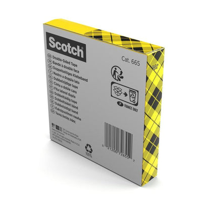 Une boîte de ruban adhésif double face Scotch®, 1 rouleau (19 mm x 33 m) de 3M Deutschland GmbH montre un motif à carreaux jaune-noir, des informations sur le produit en plusieurs langues et des symboles de recyclage - idéal pour les besoins en bricolage.