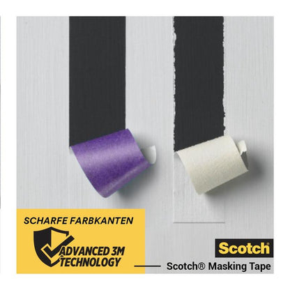 Deux bandes de ruban - violet et blanc - sont retirées d'une surface peinte, révélant des bords de peinture nets. La scène montre du Scotch® ruban de masquage pour surfaces délicates de 3M Deutschland GmbH, avec une étiquette indiquant : « Bords de peinture nets, technologie avancée 3M.