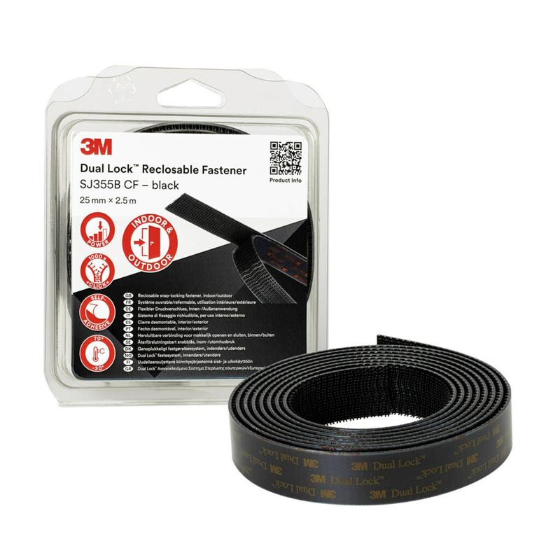 Bouton-pression flexible 3M™ Dual Lock™ SJ355B, noir, 25 mm x 2,5 m, 5,7 mm, 40 têtes/cm², emballé individuellement | Paquet (1 rouleau)