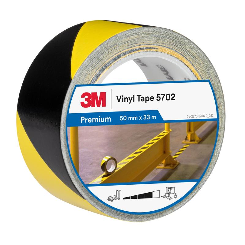 Ruban de marquage des risques 3M™ 5702, jaune/noir, 50 mm x 33 m, 0,14 mm, emballé individuellement de manière pratique | Paquet (1 rouleau)