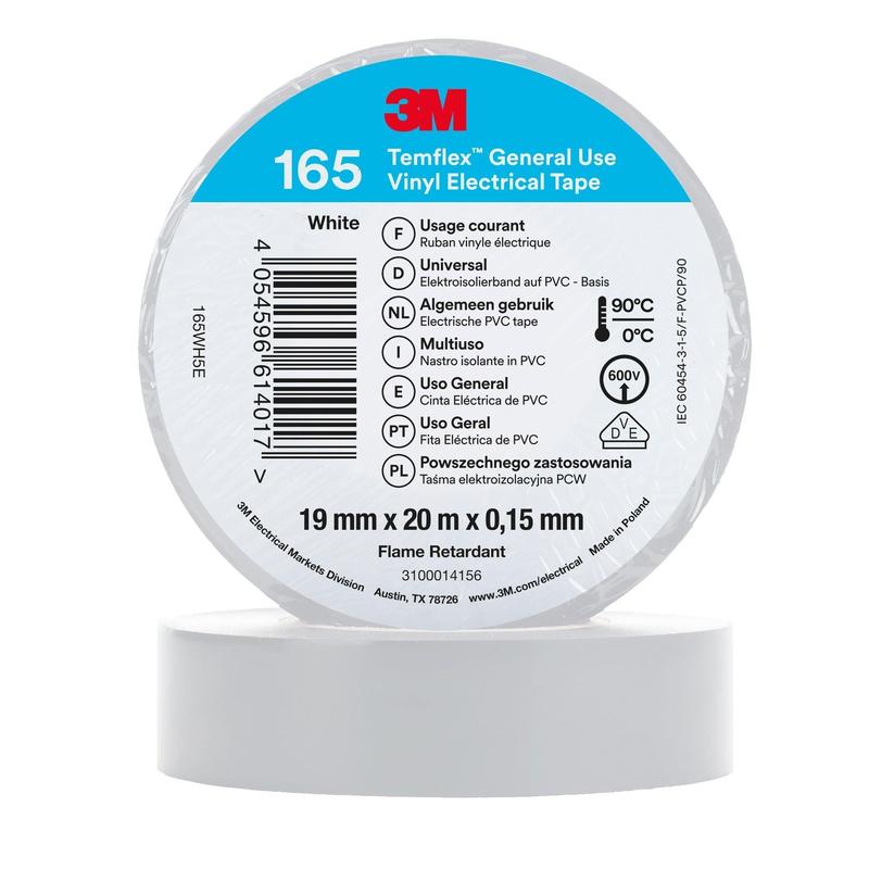 Ruban isolant en vinyle 3M™ Temflex™ 165, blanc - Ruban isolant électrique