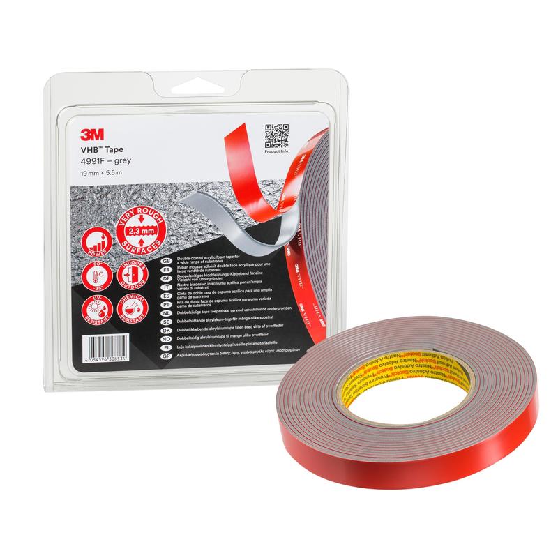 Ruban adhésif 3M™ VHB™ 4991F, gris, 19 mm x 5,5 m, 2,3 mm, emballé individuellement | Paquet (1 rouleau)